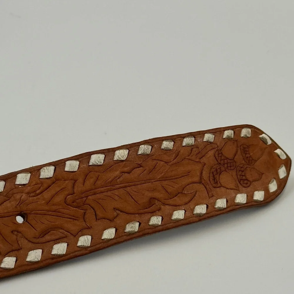 Custom Tooled Leather Belt David Personalized Buckstitch Western Tan Brown‎